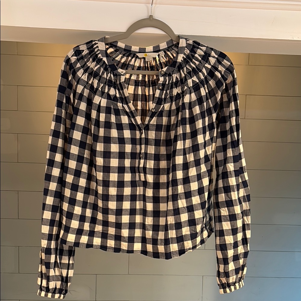 Boden Black and White Gingham Button-Front Peasant Blouse